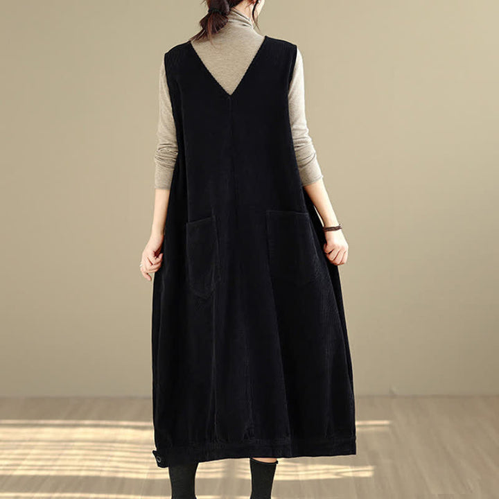 Buddha Stones Vestido de invierno vintage retro de pana lisa para mujer, sin mangas, con botones y bolsillos. - image 16