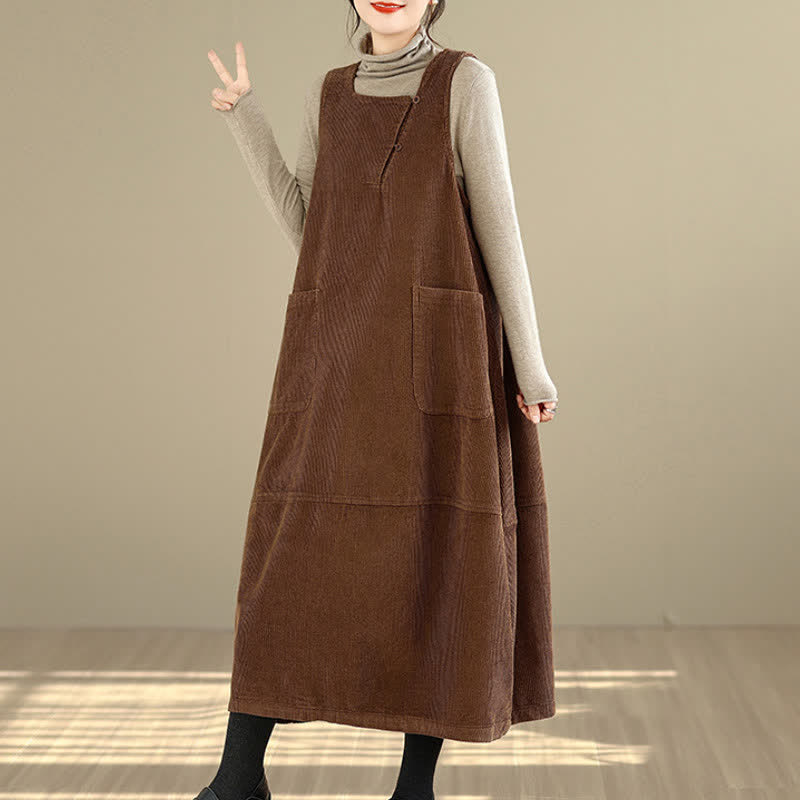 Buddha Stones Vestido de invierno vintage para mujer, liso, de cuello redondo, sin mangas y con bolsillos. - image 5