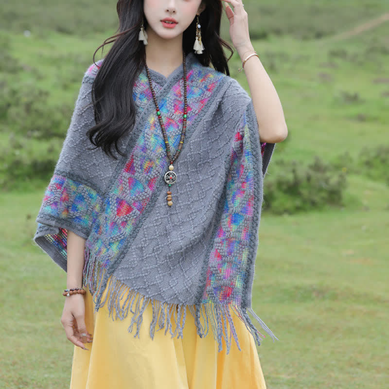 Buddha Stones Chal de mujer estilo bohemio con flecos geométricos y bajo en V, ideal para primavera y otoño. - Gris pizarra - image 22