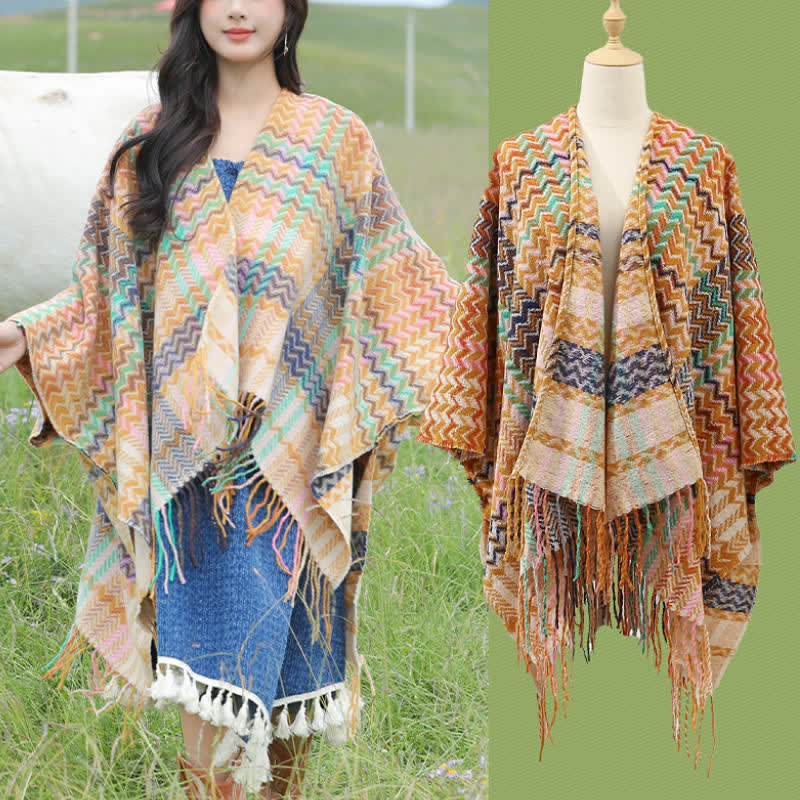 Buddha Stones Chal de mujer estilo bohemio con rayas onduladas y borlas, ideal para otoño e invierno. - image 22