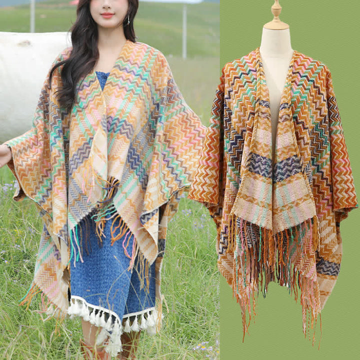 Buddha Stones Chal de mujer estilo bohemio con rayas onduladas y borlas, ideal para otoño e invierno. - image 22