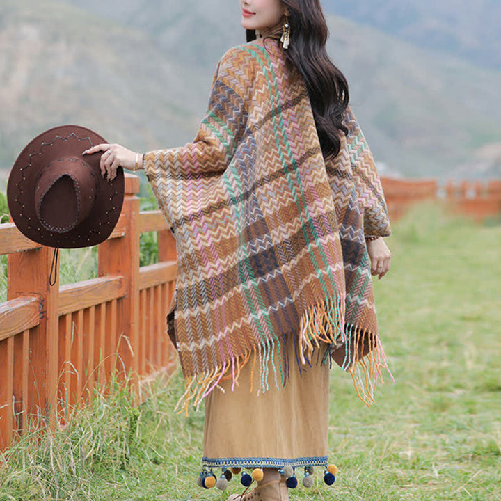 Buddha Stones Chal de mujer estilo bohemio con rayas onduladas y borlas, ideal para otoño e invierno. - image 15