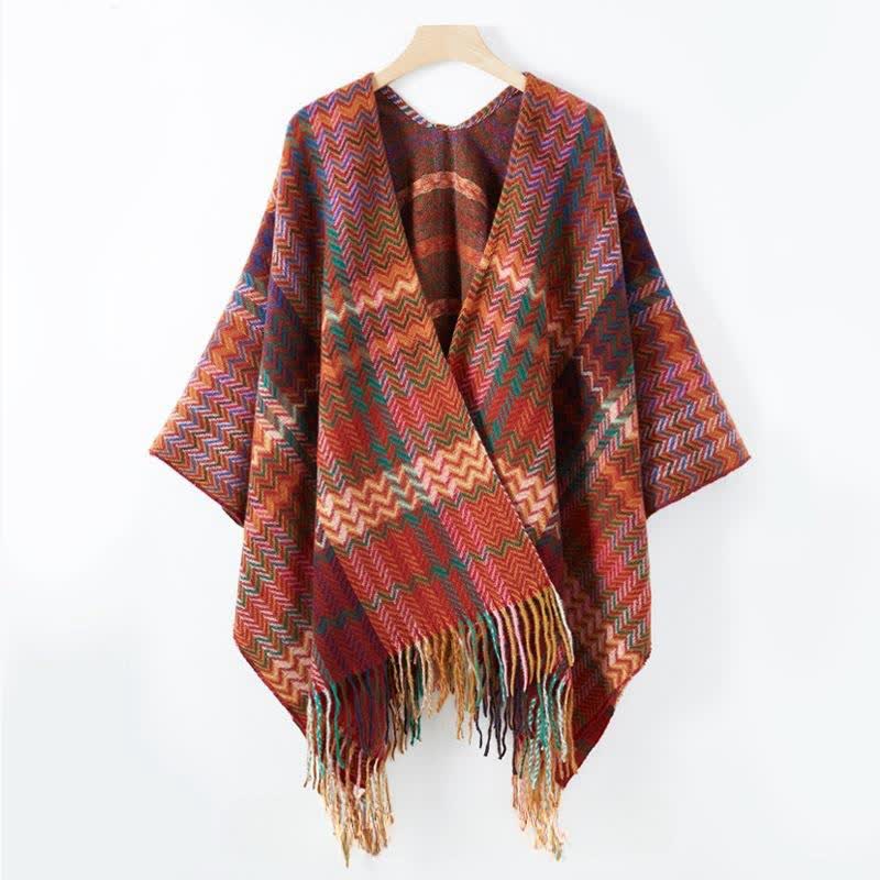 Buddha Stones Chal de mujer estilo bohemio con rayas onduladas y borlas, ideal para otoño e invierno. - image 12