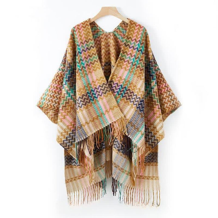 Buddha Stones Chal de mujer estilo bohemio con rayas onduladas y borlas, ideal para otoño e invierno. - image 23