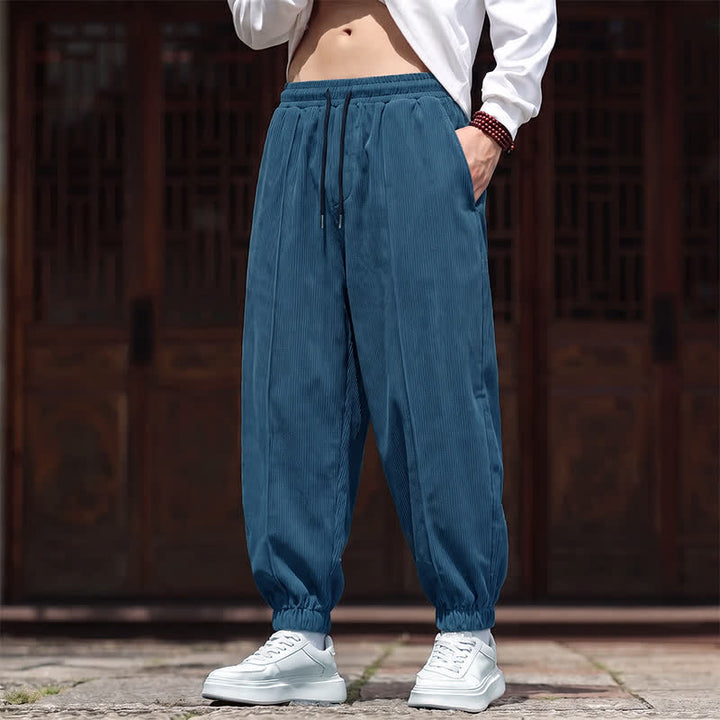 Buddha Stones Pantalones largos de pana lisos con cordón ajustable para hombre, estilo casual de otoño/invierno, corte ajustado y bolsillos. - Azul claro - US/UK/AU44, EU54 (3XL) - image 10