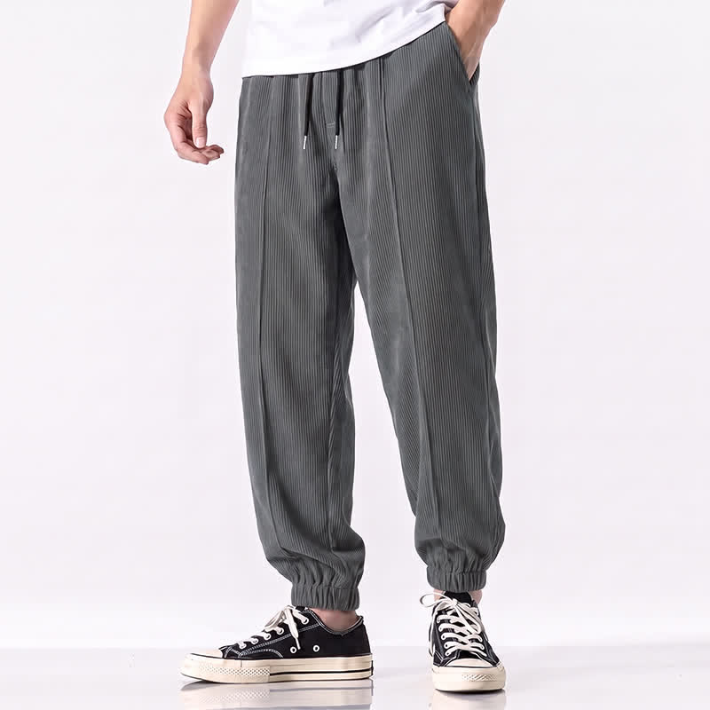 Buddha Stones Pantalones largos de pana lisos con cordón ajustable para hombre, estilo casual de otoño/invierno, corte ajustado y bolsillos. - image 21