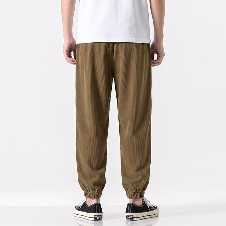 Buddha Stones Pantalones largos de pana lisos con cordón ajustable para hombre, estilo casual de otoño/invierno, corte ajustado y bolsillos. - image 2