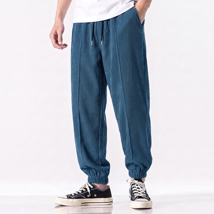Buddha Stones Pantalones largos de pana lisos con cordón ajustable para hombre, estilo casual de otoño/invierno, corte ajustado y bolsillos. - image 11