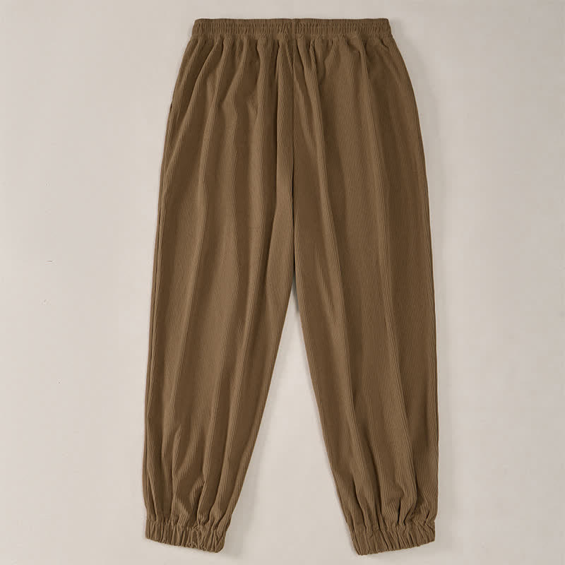 Buddha Stones Pantalones largos de pana lisos con cordón ajustable para hombre, estilo casual de otoño/invierno, corte ajustado y bolsillos. - image 4