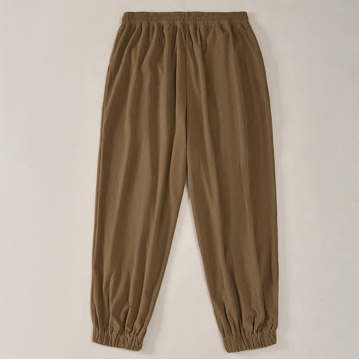 Buddha Stones Pantalones largos de pana lisos con cordón ajustable para hombre, estilo casual de otoño/invierno, corte ajustado y bolsillos. - image 4