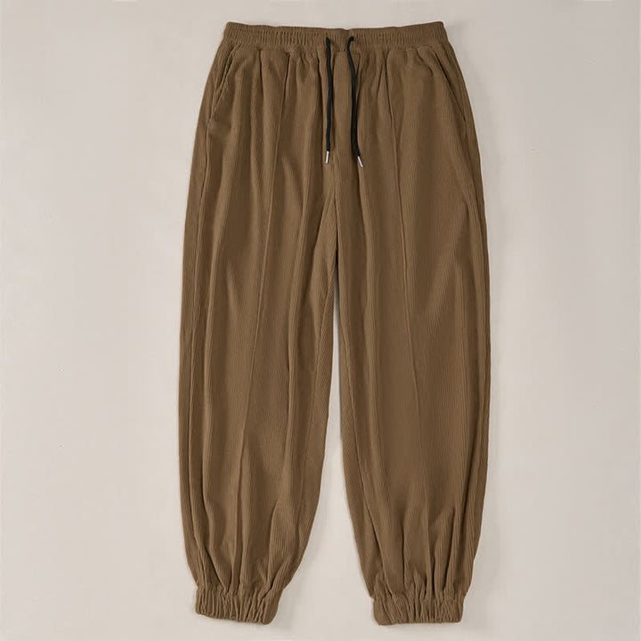 Buddha Stones Pantalones largos de pana lisos con cordón ajustable para hombre, estilo casual de otoño/invierno, corte ajustado y bolsillos. - image 3