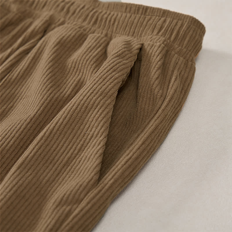 Buddha Stones Pantalones largos de pana lisos con cordón ajustable para hombre, estilo casual de otoño/invierno, corte ajustado y bolsillos. - image 7