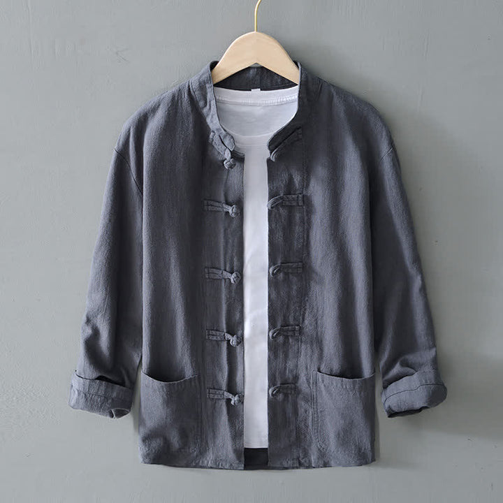 Camisa de hombre de lino y algodón con bolsillos, estilo chino Tang, con estampado de Buddha Stones y botones de rana. - Gris - US/UK/AU50, EU60 (5XL) - image 0