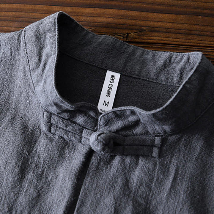 Camisa de hombre de lino y algodón con bolsillos, estilo chino Tang, con estampado de Buddha Stones y botones de rana. - image 2