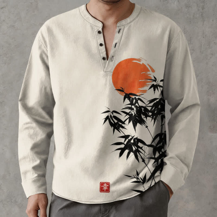 Buddha Stones Camisas de manga larga para hombre con cuello en V, estampado de bambú y sol, de algodón y tinta. - Lino - US/UK/AU48, UE58 (4XL) - image 0