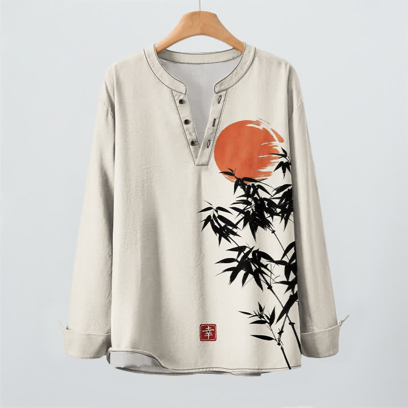 Buddha Stones Camisas de manga larga para hombre con cuello en V, estampado de bambú y sol, de algodón y tinta. - image 2