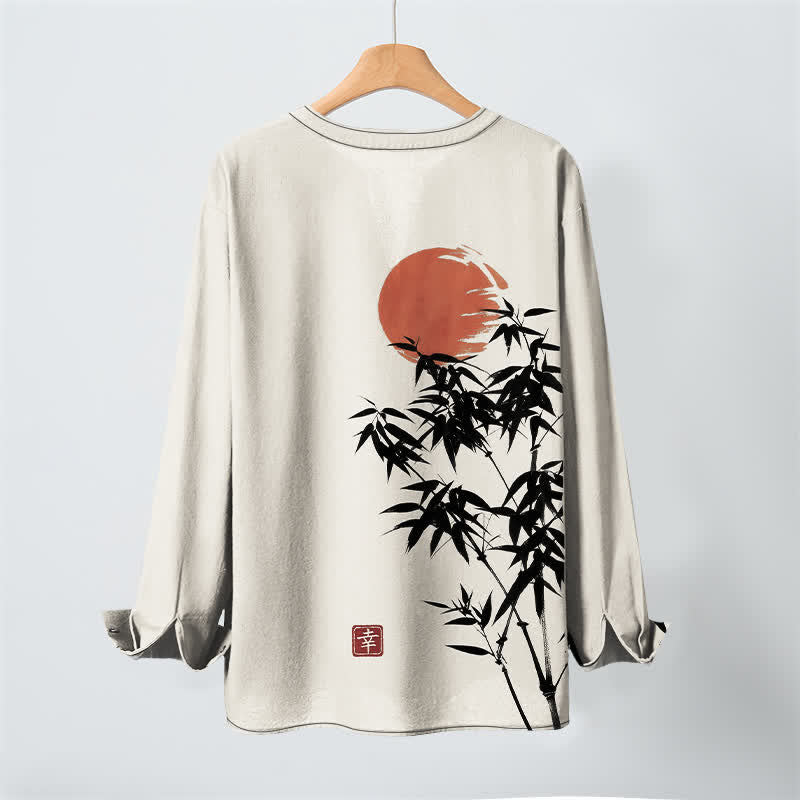 Buddha Stones Camisas de manga larga para hombre con cuello en V, estampado de bambú y sol, de algodón y tinta. - image 3