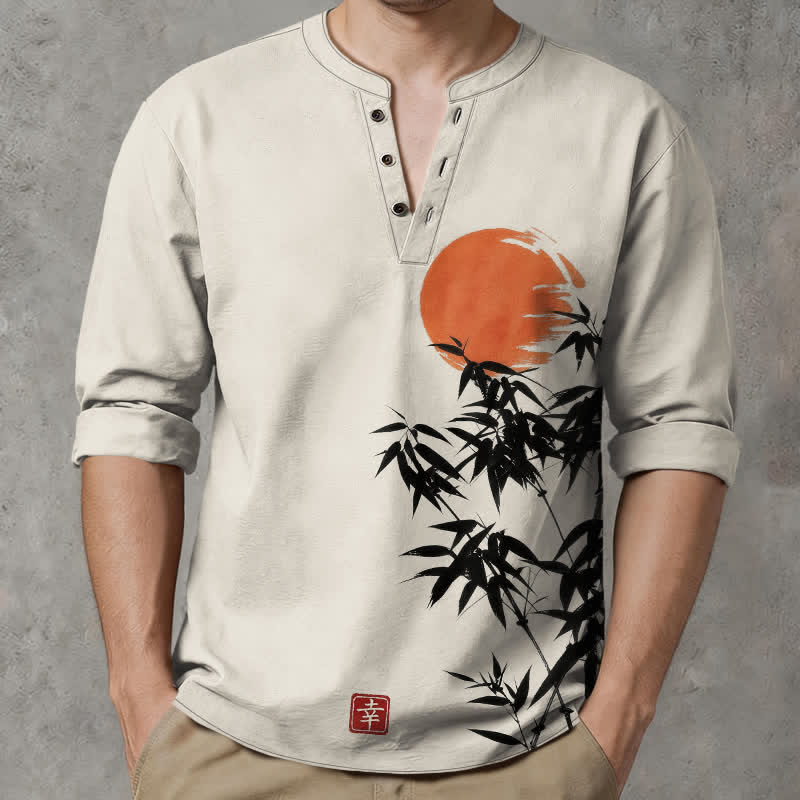 Buddha Stones Camisas de manga larga para hombre con cuello en V, estampado de bambú y sol, de algodón y tinta. - image 1