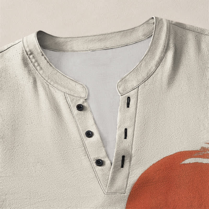 Buddha Stones Camisas de manga larga para hombre con cuello en V, estampado de bambú y sol, de algodón y tinta. - image 4