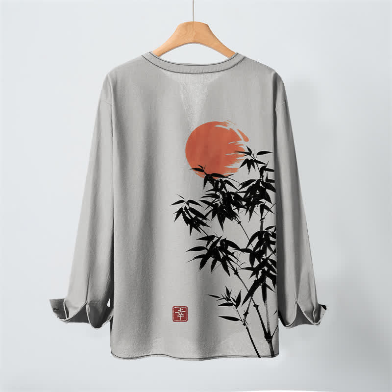 Buddha Stones Camisas de manga larga para hombre con cuello en V, estampado de bambú y sol, de algodón y tinta. - image 10