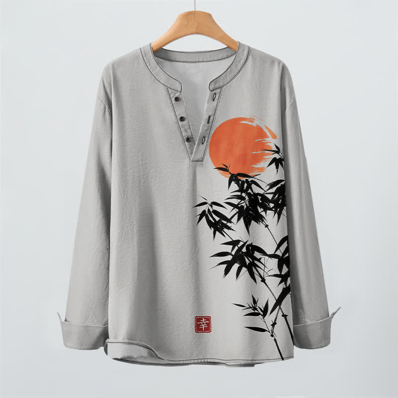 Buddha Stones Camisas de manga larga para hombre con cuello en V, estampado de bambú y sol, de algodón y tinta. - image 9