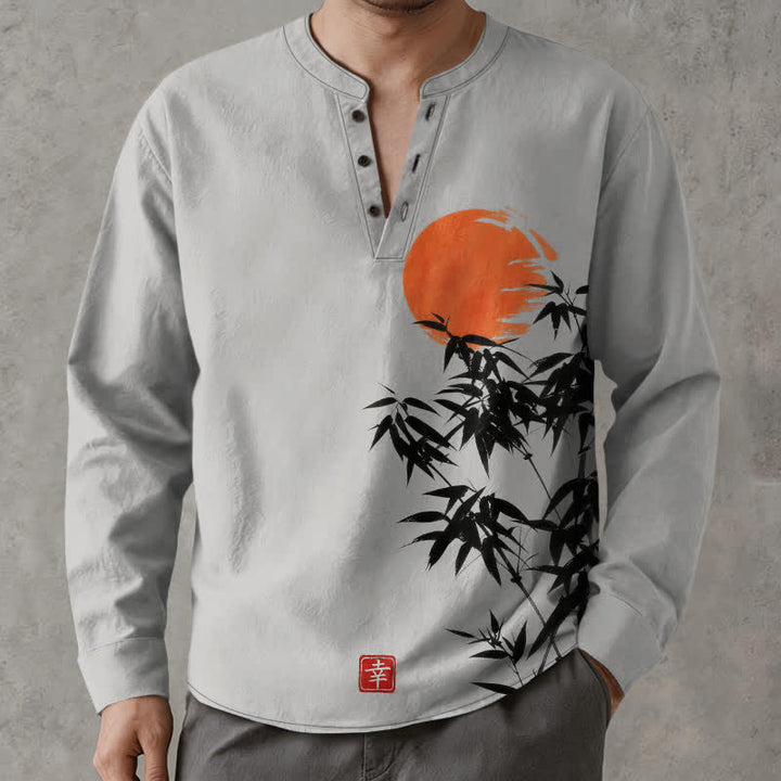 Buddha Stones Camisas de manga larga para hombre con cuello en V, estampado de bambú y sol, de algodón y tinta. - Gris claro - US/UK/AU48, UE58 (4XL) - image 7