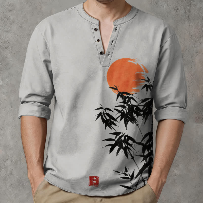 Buddha Stones Camisas de manga larga para hombre con cuello en V, estampado de bambú y sol, de algodón y tinta. - image 8