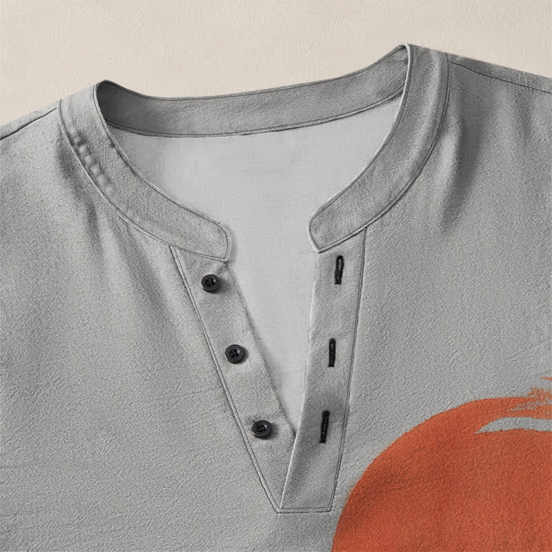 Buddha Stones Camisas de manga larga para hombre con cuello en V, estampado de bambú y sol, de algodón y tinta. - image 11