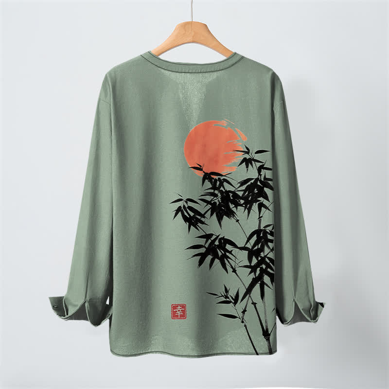 Buddha Stones Camisas de manga larga para hombre con cuello en V, estampado de bambú y sol, de algodón y tinta. - image 17