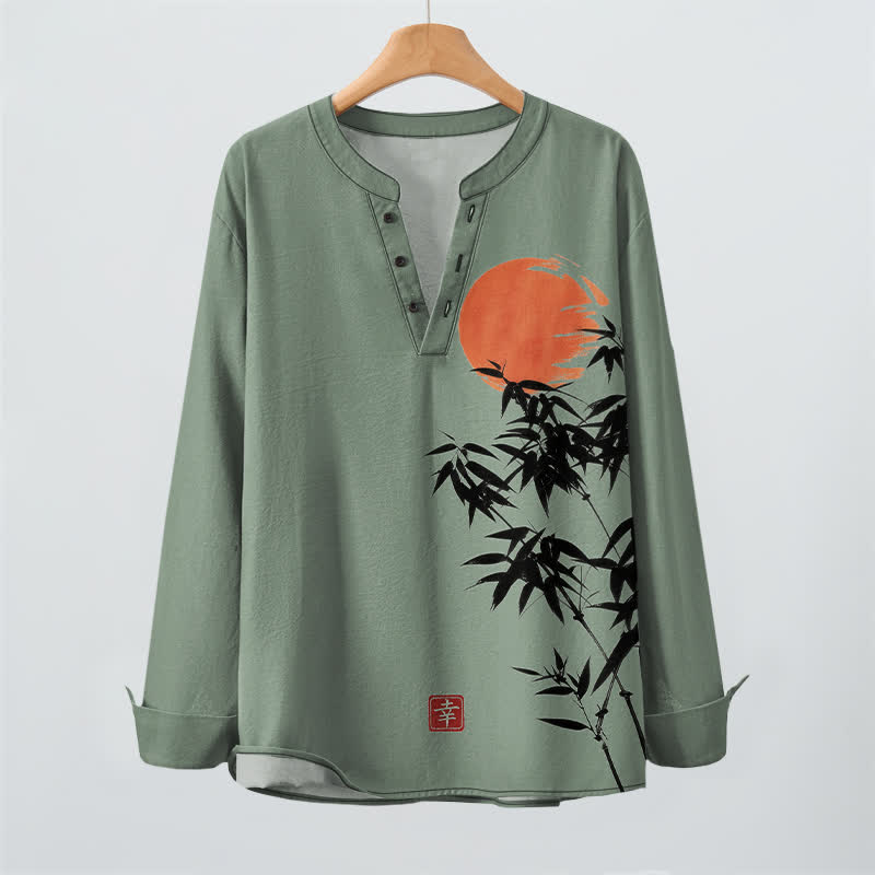 Buddha Stones Camisas de manga larga para hombre con cuello en V, estampado de bambú y sol, de algodón y tinta. - image 16