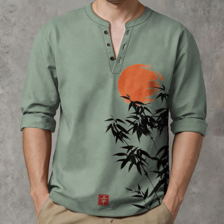 Buddha Stones Camisas de manga larga para hombre con cuello en V, estampado de bambú y sol, de algodón y tinta. - image 15
