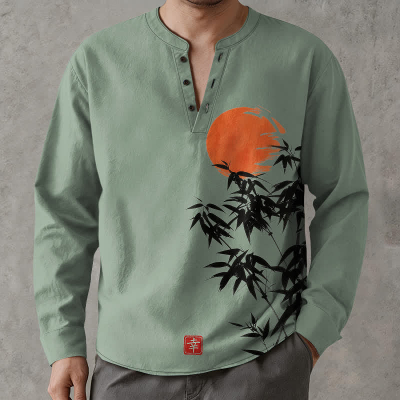 Buddha Stones Camisas de manga larga para hombre con cuello en V, estampado de bambú y sol, de algodón y tinta. - Verde mar medio - US/UK/AU48, UE58 (4XL) - image 14