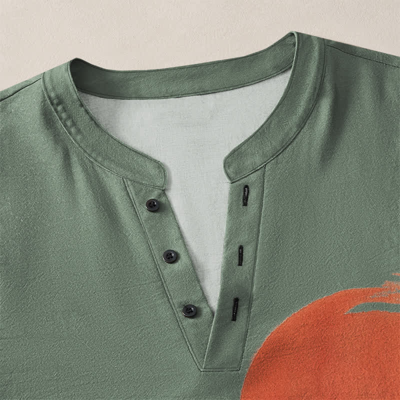 Buddha Stones Camisas de manga larga para hombre con cuello en V, estampado de bambú y sol, de algodón y tinta. - image 18