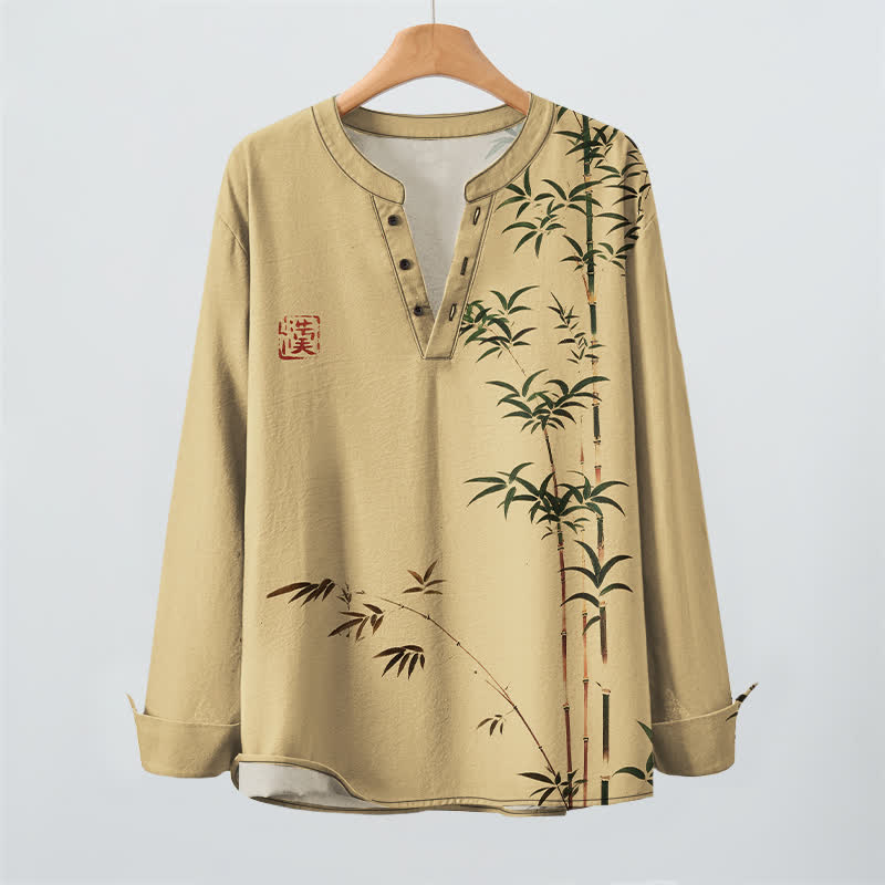 Buddha Stones Camisas de manga larga para hombre de algodón con cuello en V y estampado de sello de bambú oriental. - image 2