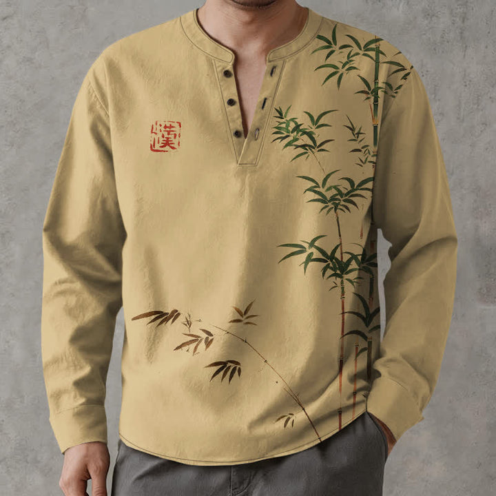 Buddha Stones Camisas de manga larga para hombre de algodón con cuello en V y estampado de sello de bambú oriental. - image 1