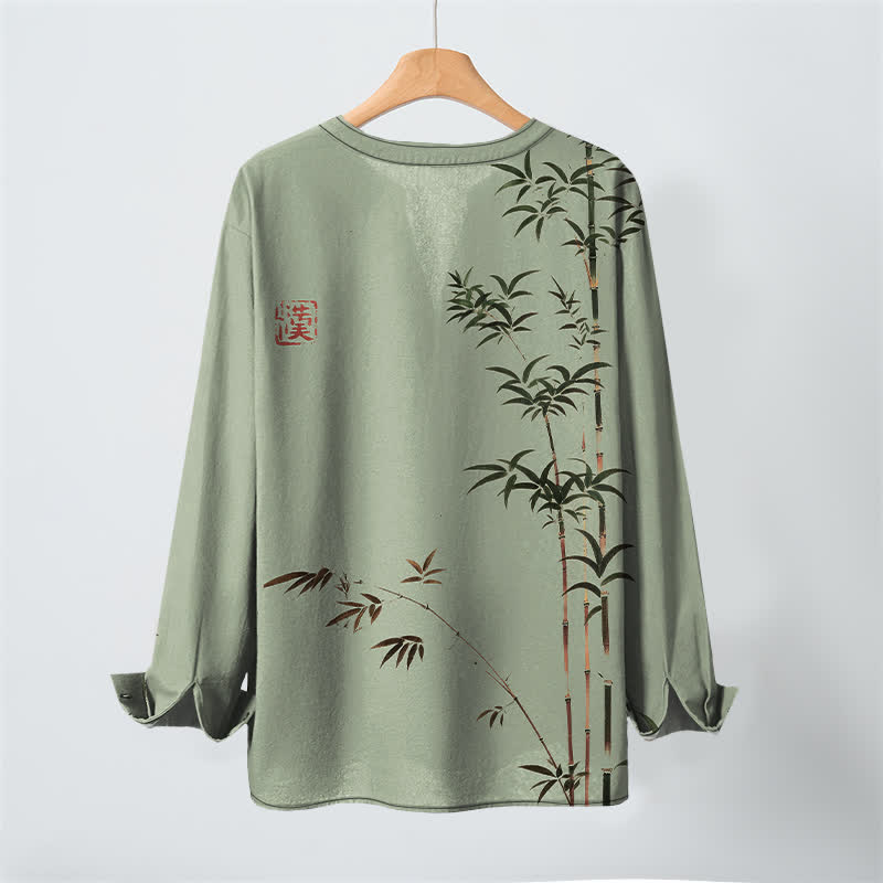 Buddha Stones Camisas de manga larga para hombre de algodón con cuello en V y estampado de sello de bambú oriental. - image 10