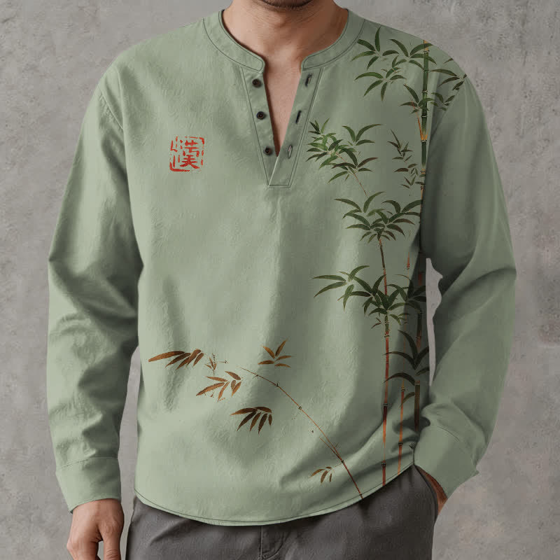 Buddha Stones Camisas de manga larga para hombre de algodón con cuello en V y estampado de sello de bambú oriental. - image 8