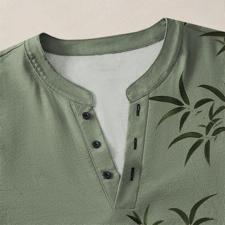 Buddha Stones Camisas de manga larga para hombre de algodón con cuello en V y estampado de sello de bambú oriental. - image 11