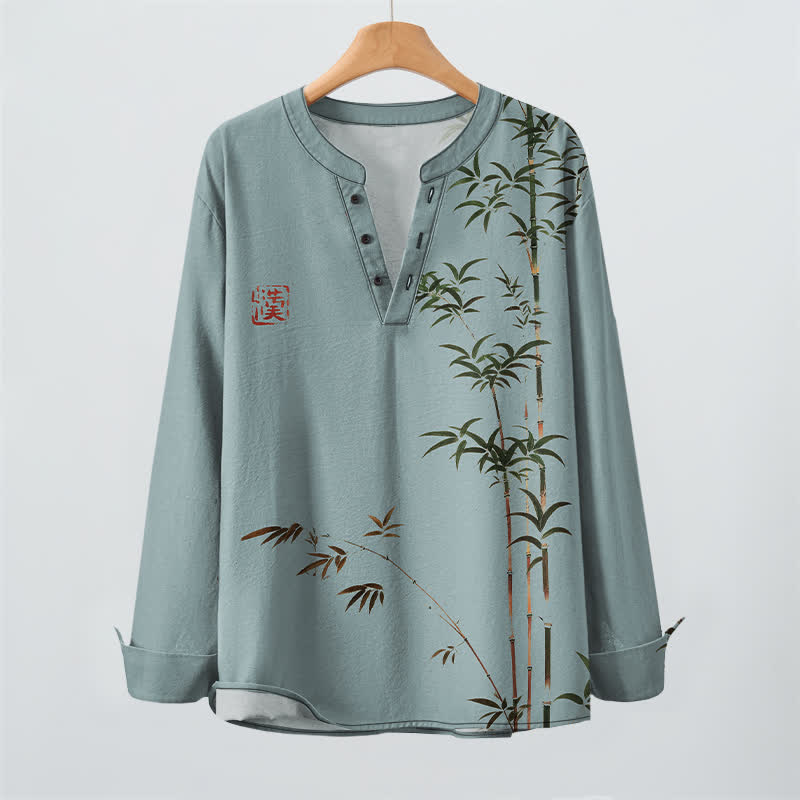 Buddha Stones Camisas de manga larga para hombre de algodón con cuello en V y estampado de sello de bambú oriental. - image 16
