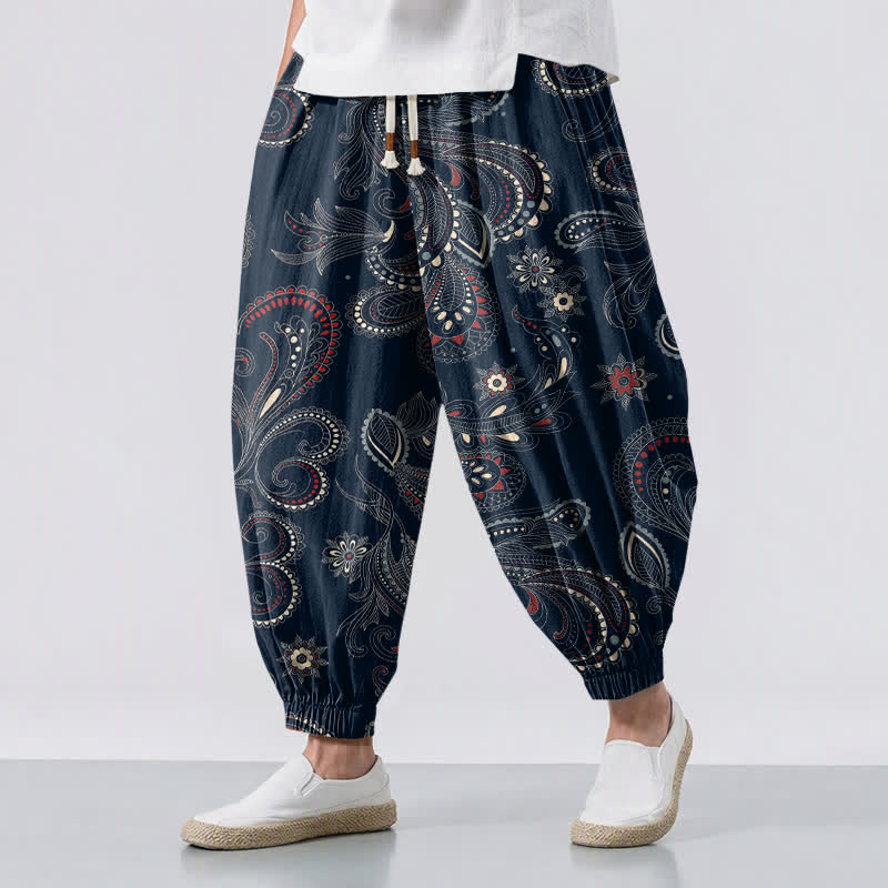 Buddha Stones Pantalones harem para hombre de algodón puro con estampado étnico floral paisley, cordón ajustable y bolsillos. - Marina de guerra - US/UK/AU50, EU60 (5XL) - image 0
