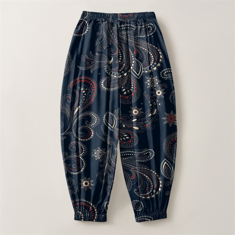 Buddha Stones Pantalones harem para hombre de algodón puro con estampado étnico floral paisley, cordón ajustable y bolsillos. - image 2