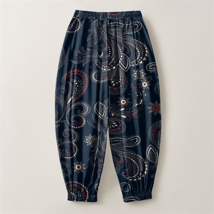 Buddha Stones Pantalones harem para hombre de algodón puro con estampado étnico floral paisley, cordón ajustable y bolsillos. - image 2