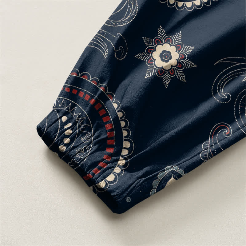 Buddha Stones Pantalones harem para hombre de algodón puro con estampado étnico floral paisley, cordón ajustable y bolsillos. - image 4