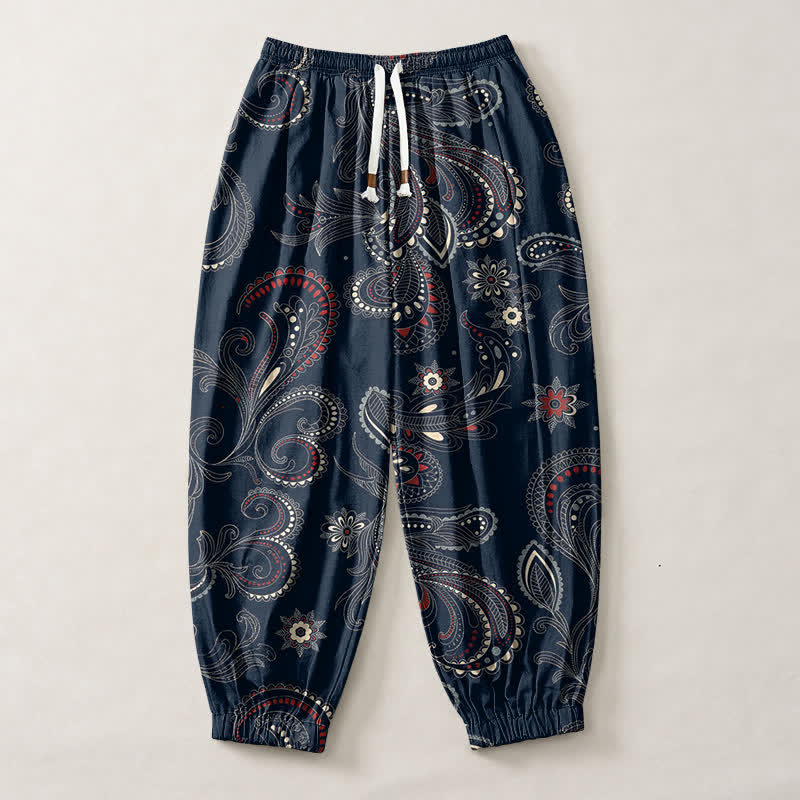 Buddha Stones Pantalones harem para hombre de algodón puro con estampado étnico floral paisley, cordón ajustable y bolsillos. - image 1