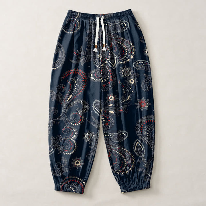 Buddha Stones Pantalones harem para hombre de algodón puro con estampado étnico floral paisley, cordón ajustable y bolsillos. - image 1