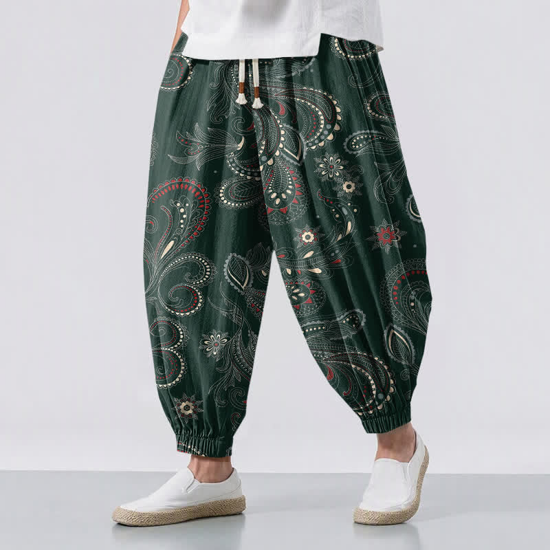 Buddha Stones Pantalones harem para hombre de algodón puro con estampado étnico floral paisley, cordón ajustable y bolsillos. - Verde oscuro - US/UK/AU50, EU60 (5XL) - image 6