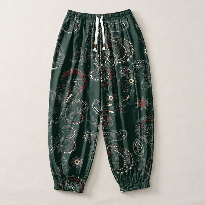 Buddha Stones Pantalones harem para hombre de algodón puro con estampado étnico floral paisley, cordón ajustable y bolsillos. - image 7