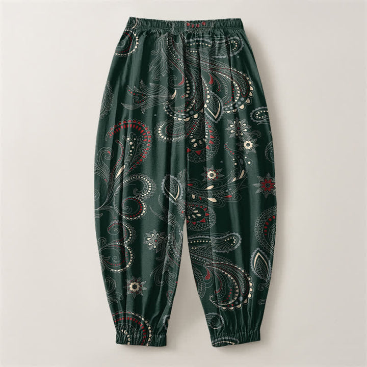 Buddha Stones Pantalones harem para hombre de algodón puro con estampado étnico floral paisley, cordón ajustable y bolsillos. - image 8