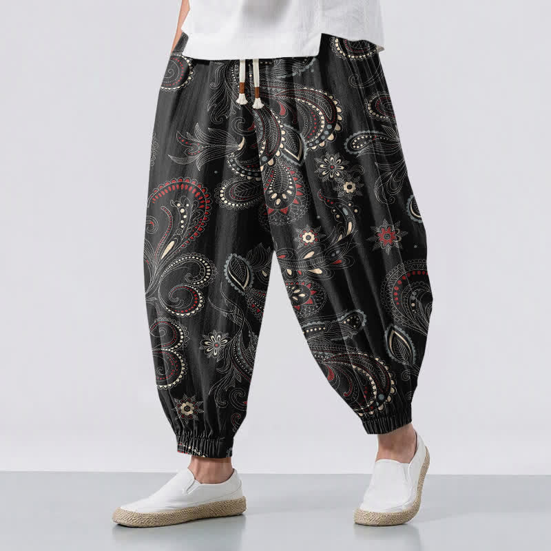 Buddha Stones Pantalones harem para hombre de algodón puro con estampado étnico floral paisley, cordón ajustable y bolsillos. - Negro - US/UK/AU50, EU60 (5XL) - image 12