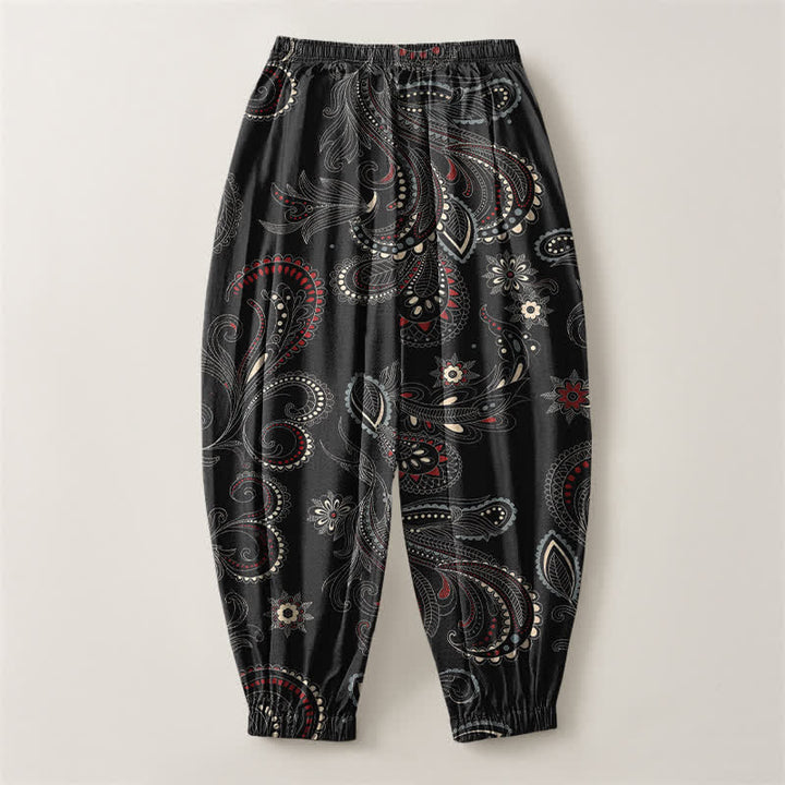 Buddha Stones Pantalones harem para hombre de algodón puro con estampado étnico floral paisley, cordón ajustable y bolsillos. - image 14